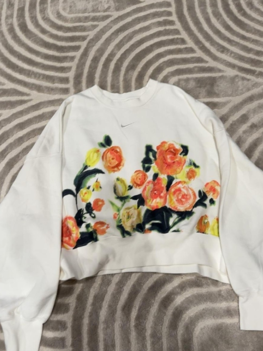 Nike White Cropped Sweatshirt with Orange & Yellow Floral Print